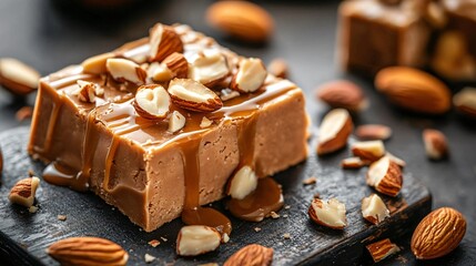 Fototapeta premium Fudge with chopped almonds and caramel drizzle, on a dark wooden board, surrounded by almond pieces and caramel sauce