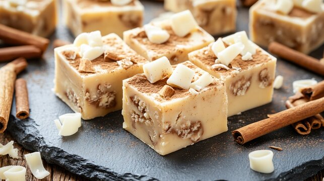 Fudge with cinnamon and white chocolate chips, on a gray slate plate, surrounded by cinnamon sticks and white chocolate curls