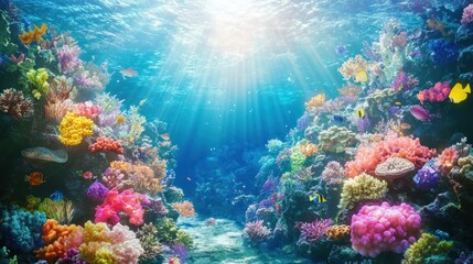 Naklejka premium Vibrant coral reef teeming with life under a sunlit ocean surface.