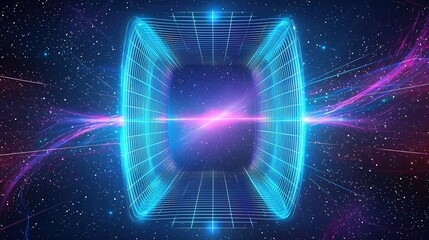Obraz premium A vibrant cosmic portal appears in deep space, emitting colorful light beams and grid patterns, suggesting interdimensional travel at twilight