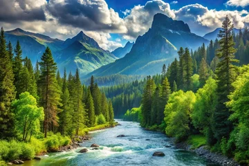 Gordijnen Scenic nature view of forests, rivers, and mountains from a low angle © Latsamee