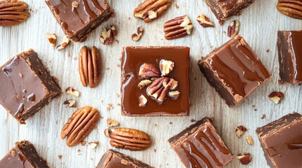 Fudge with pecans and maple syrup, placed on a light wooden background, surrounded by pecan halves and a drizzle of maple syrup