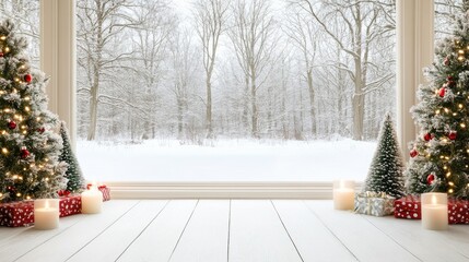 The large window frames a snowy landscape, highlighting small Christmas trees and warm candles, creating a cozy winter atmosphere filled with tranquility and beauty