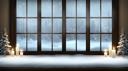 The large window frames a snowy landscape, highlighting small Christmas trees and warm candles, creating a cozy winter atmosphere filled with tranquility and beauty