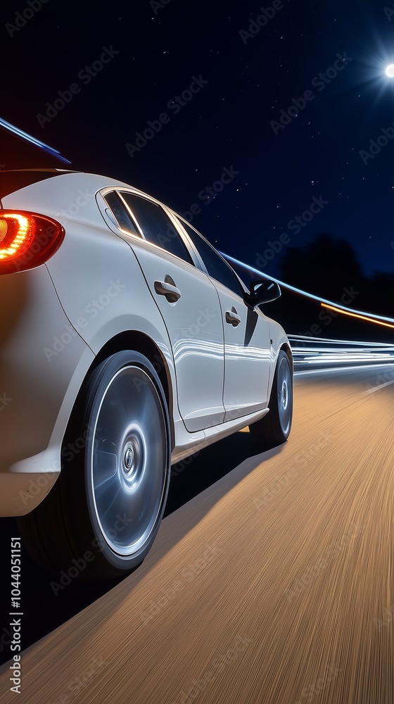 Poster car speeding down a road at night, with light trails and motion blur capturing the dynamic energy of