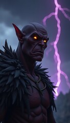 Obraz premium A fierce creature embodies dark fantasy, illuminated by lightning. Ideal for gaming, film, and graphic design projects.