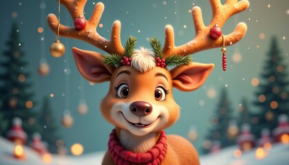 Fototapeta premium Cheerful 3D reindeer with decorated antlers in snowy winter forest scene