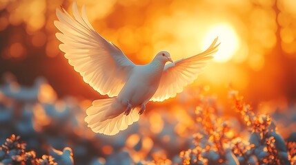 White dove in flight against a warm sunset with bokeh.