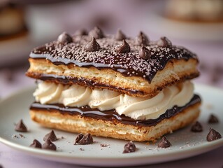 Chocolate eclair with glossy chocolate glaze and whipped cream filling.