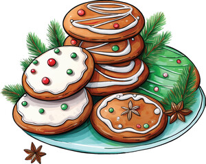 cartoon style christmas gingerbread cookies and spices on a plate isolated on white background. Sweet sugar biscuits composition. baked xmas crackers. Cute Vector illustration 