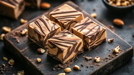 Peanut butter swirl fudge, on a dark wooden board, decorated with crushed peanuts and a drizzle of melted chocolate