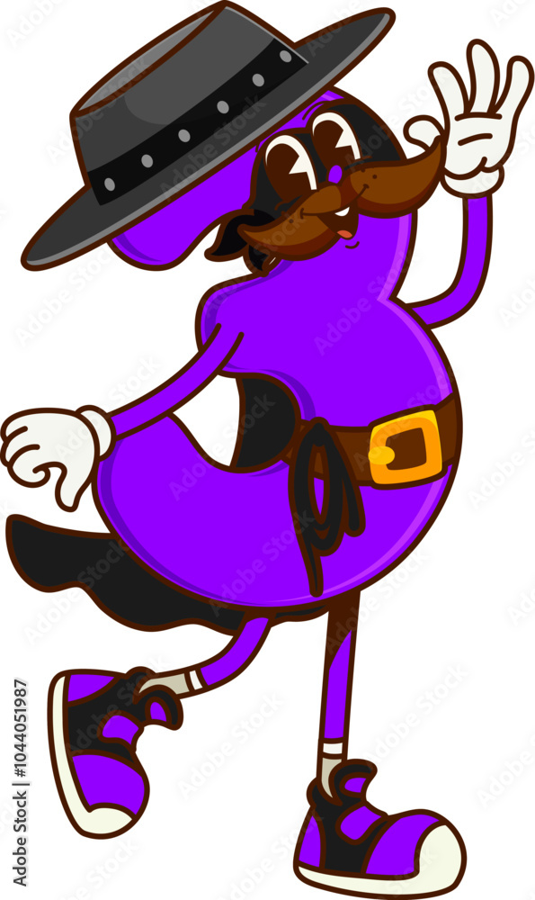 Aufkleber Cartoon groovy math number three cowboy and bandit character cheerfully walking with a numerical flair. Isolated vector adventurous, wild west criminal personage in black mask and cape ready to learn