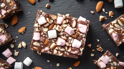 Rocky road fudge with marshmallows and nuts, on a black slate background, surrounded by mini...