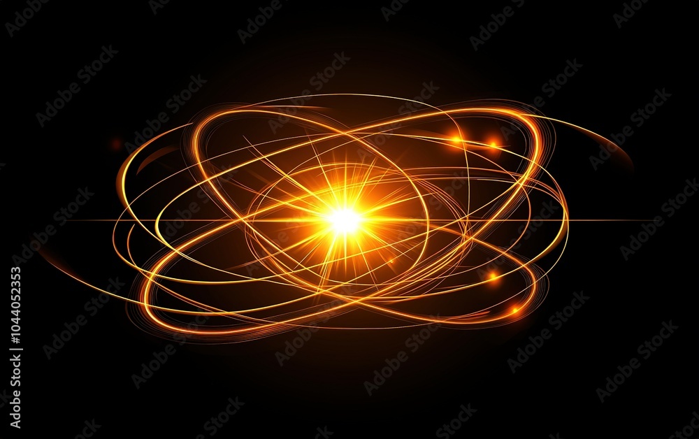 Poster abstract representation of atomic structure with glowing particles on a black background
