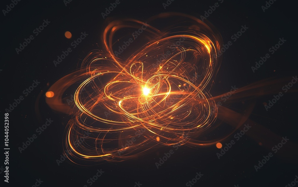 Poster abstract representation of atomic particles swirling in dynamic motion under a dark background