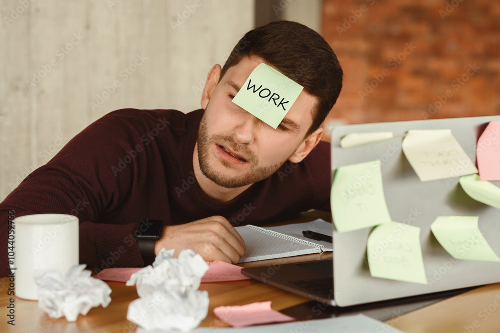 Poster overworked man having a nap sleeping at laptop with sticky notes everywhere, tired of office multita