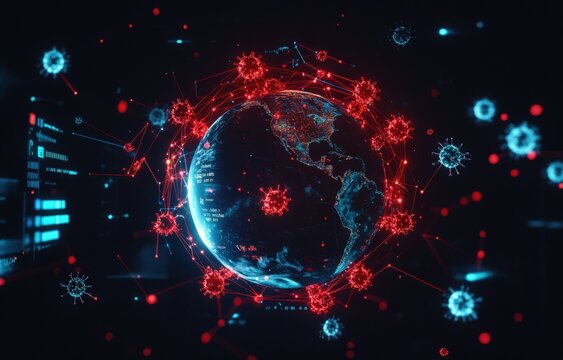 A digital rendering of the Earth surrounded by red virus particles.