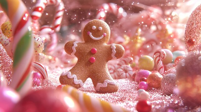Enchanting Christmas Fantasy: Gingerbread Man Awakening in a Colorful Candy Wonderland