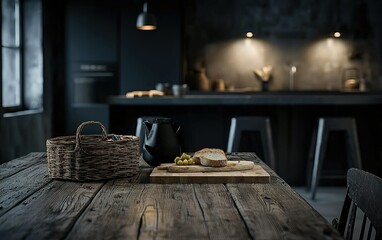 A rustic kitchen table setting with fresh bread, olives, and a black kettle in a warmly lit space at dusk