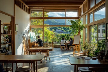 Fototapeta premium A spacious art studio with large windows looking out to a lush green landscape.