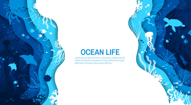 Paper cut underwater landscape, ocean life banner with fishes and sea animals, vector background. Undersea or underwater paper cut landscape with coral reef jellyfish, stingray and turtle with squid