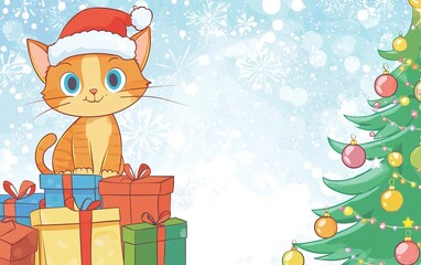 Fototapeta premium A cheerful orange cat in a Santa hat sits atop colorful presents beside a decorated Christmas tree in a snowy holiday setting