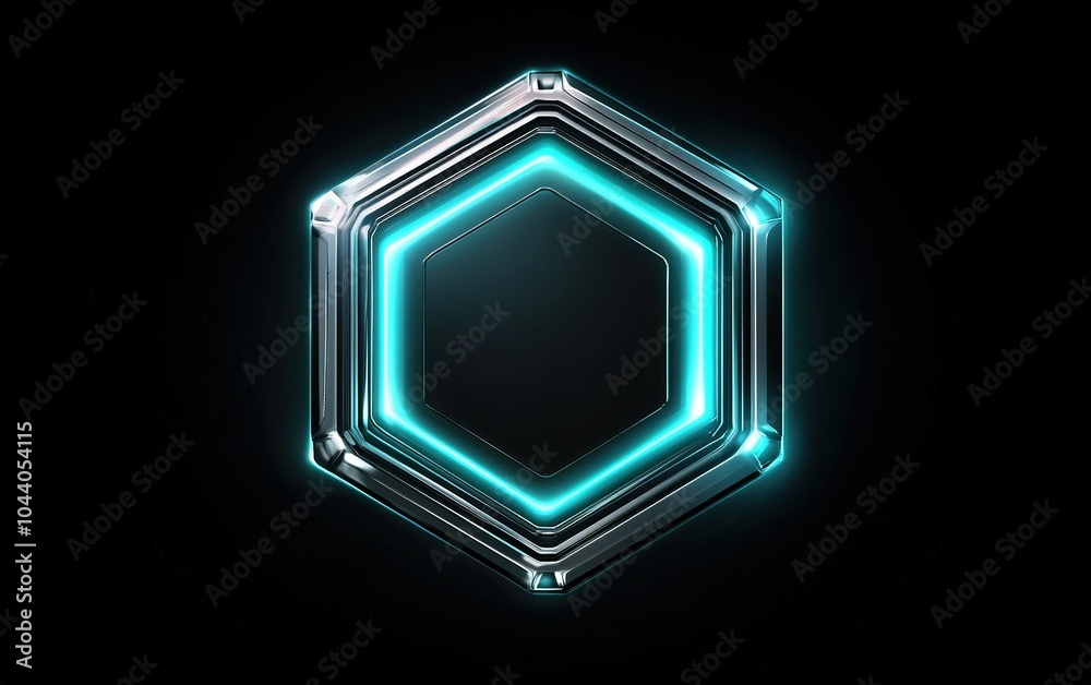 Canvas Prints a glowing hexagonal badge with a sleek metallic design and neon blue highlights set against a black 