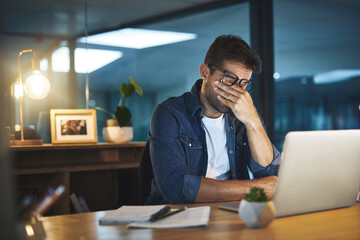 Businessman, tired and eye strain with laptop in office for burnout, online trading and overworked. Professional, trader and migraine at night with fatigue, exhausted and deadline pressure at desk