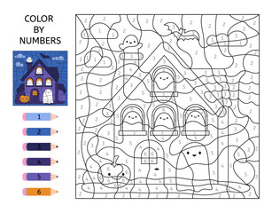 Color by number. Haunted mansion with cute ghosts. Halloween pumpkin. Education game for children. Coloring page. Printable activity sheet. Vector illustration.