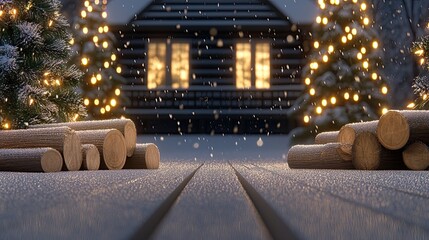 A charming black log cabin features light gray trim, a snow-dusted front porch adorned with Christmas lights, surrounded by pine trees under gently falling snow
