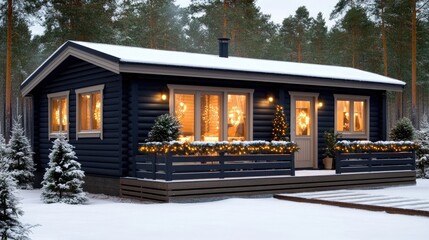 A charming black log cabin features light gray trim, a snow-dusted front porch adorned with Christmas lights, surrounded by pine trees under gently falling snow