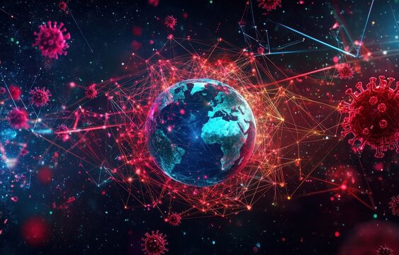 A digital illustration of the Earth surrounded by red and blue lines and virus particles.