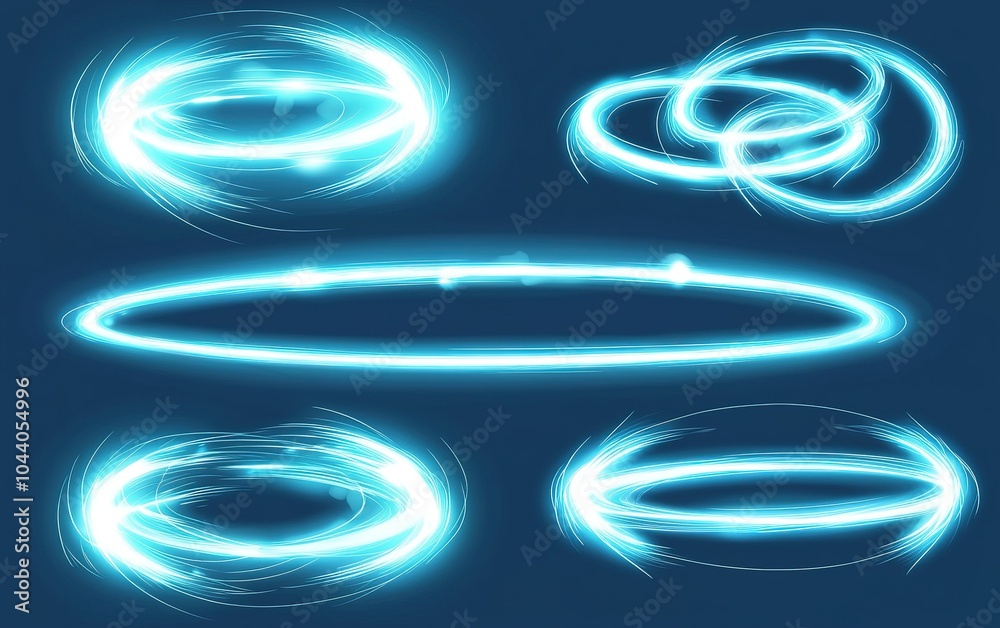 Poster Bright blue light trails in various elliptical patterns create a dynamic and energetic visual effect against a dark background