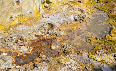Closeup of the suphuric hote springs and fumaroles in the Furnas valley, São Miguel Island, Azores Islands, Portugal