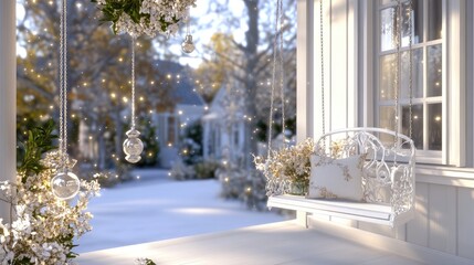A charming winter porch features a white swing and a beautifully decorated Christmas tree. Soft pillows and warm lights create a cozy atmosphere, with snow falling outside