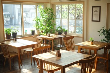 A cozy cafe with wooden tables and chairs near large windows.