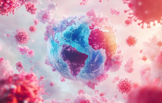 A globe surrounded by pink and purple virus cells,  representing the global impact of a pandemic.