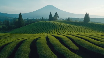 Obraz premium A breathtaking view of rolling green tea fields leading up to Mount Fuji, blending nature with agriculture.