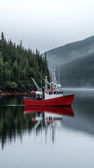 Fototapeta premium A red fishing boat peacefully drifts in the mirrored waters, enveloped by lush greenery and majestic mountains under soft morning light