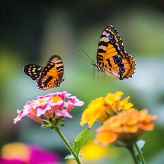 Obraz premium Two butterflies are flying over a flower