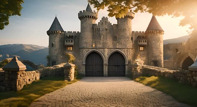 Majestic Medieval Castle Entrance with Twin Turrets and Stone Archway 4K