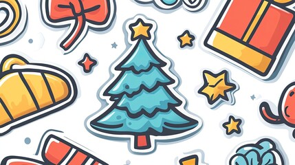 A vibrant collection of Christmas stickers, including Christmas trees, presents, and stars, neatly placed on a white background.