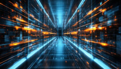 Futuristic Server Room, Perspective View With Blue And Orange Light Trails 3D. Illustration