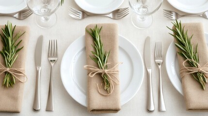 A beautifully arranged holiday table display featuring white dishes, golden utensils, and decorative greenery with berries, perfect for festive gatherings