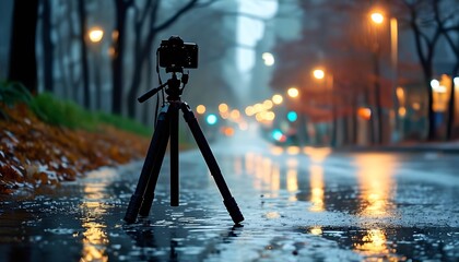 Camera on tripod captures city lights reflecting in rain-soaked street