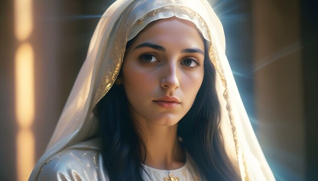 A woman in a white veil looks directly at the camera with a somber expression