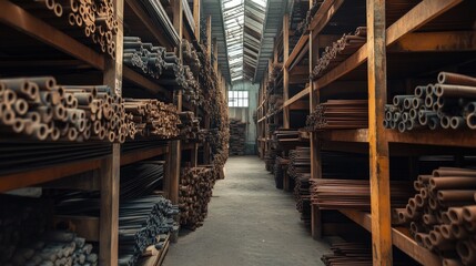 A warehouse stocked with iron rods, meticulously organized, and awaiting use for upcoming construction work.