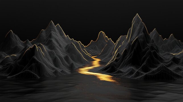 a low poly black on black landscape, outlined in golden yellow, between the mountains is a golden line representing a river