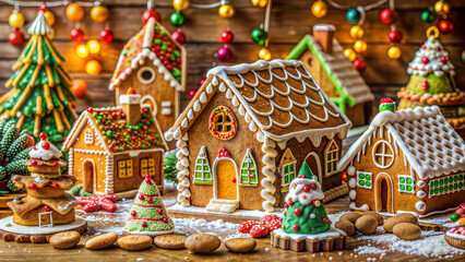 Festive Gingerbread Houses Decorated with Icing and Candies Surrounded by Christmas Lights