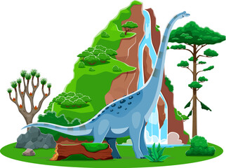 Titanosauria prehistoric dinosaur character. Isolated cartoon vector sauropod dino in lush landscape with trees, waterfall and rocks. Ancient Jurassic or Mesozoic world, natural habitat of dinosaurs © Vector Tradition